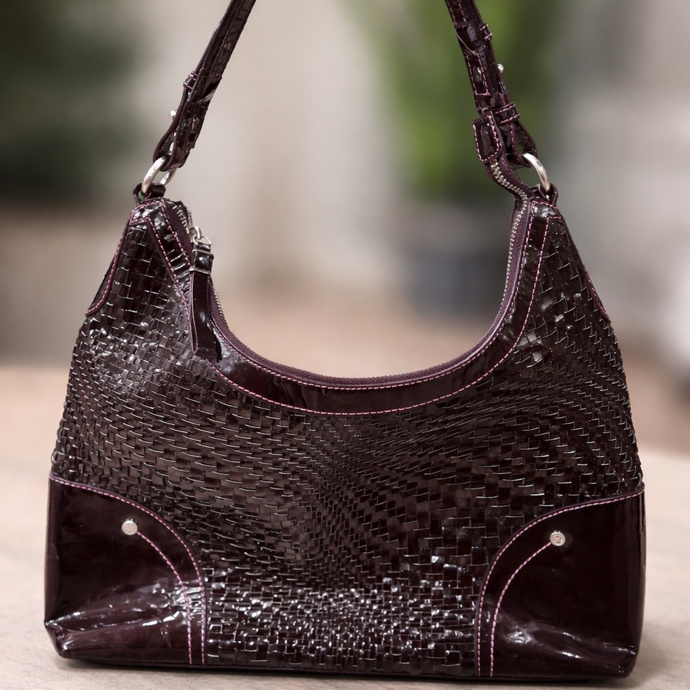 Vintage Cole Haan Woven Patent Leather Hobo Bag Burgundy Wine Pink Stitch